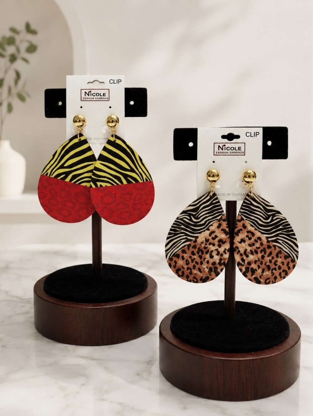 Wood Animal Print Statement Earrings Bundle